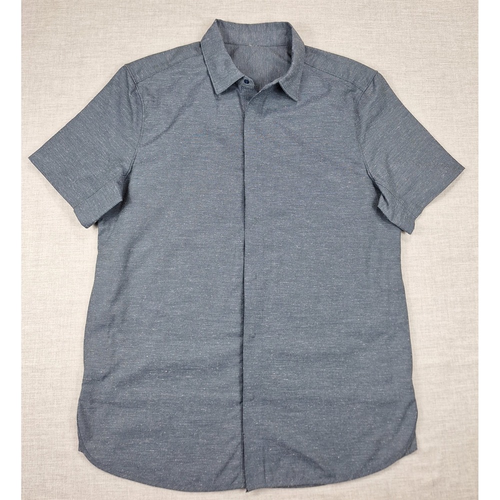 Lululemon Mens Short Sleeve Button Down Shirt Heathered Blue Gray Tech Commuter